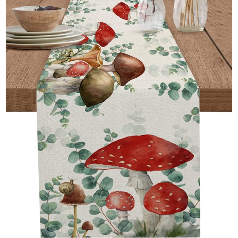 Eucalyptus Mushroom Linen Table Runner for Rustic Boho Decor
