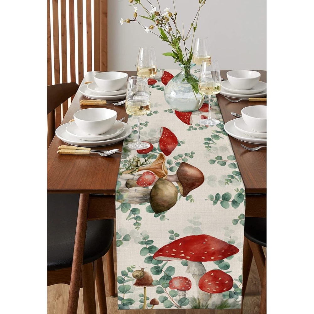 Eucalyptus Mushroom Linen Table Runner for Rustic Boho Decor