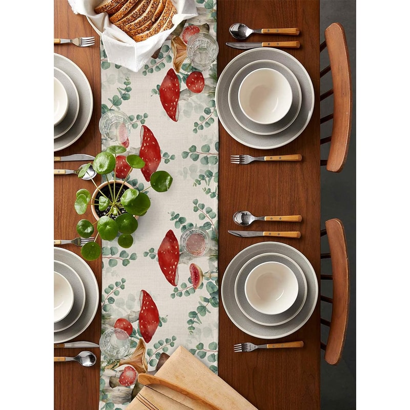 Eucalyptus Mushroom Linen Table Runner for Rustic Boho Decor