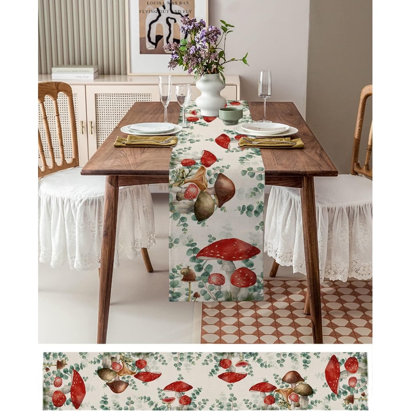Eucalyptus Mushroom Linen Table Runner for Rustic Boho Decor
