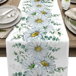 eucalyptus table runner with daisy floral farmhouse linen look