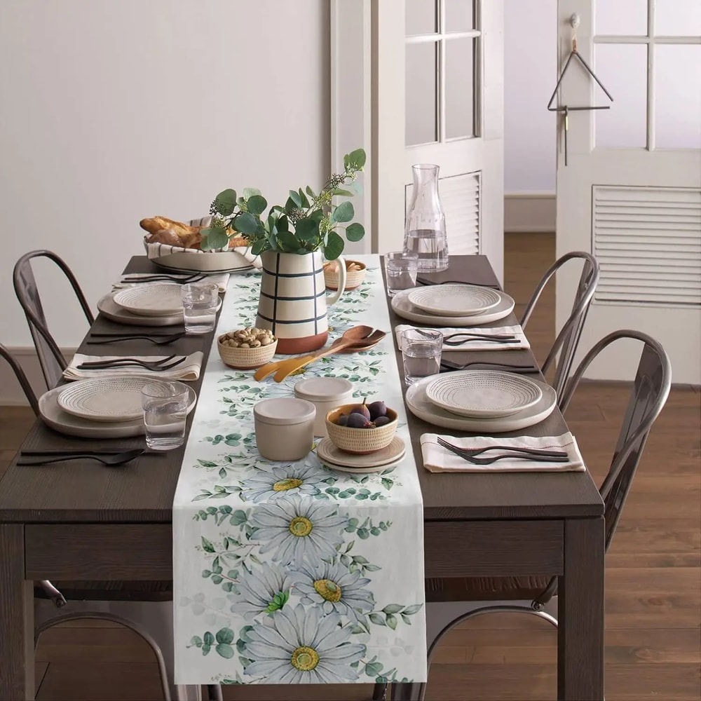 Eucalyptus Table Runner With Daisy Floral Farmhouse Linen Look 1