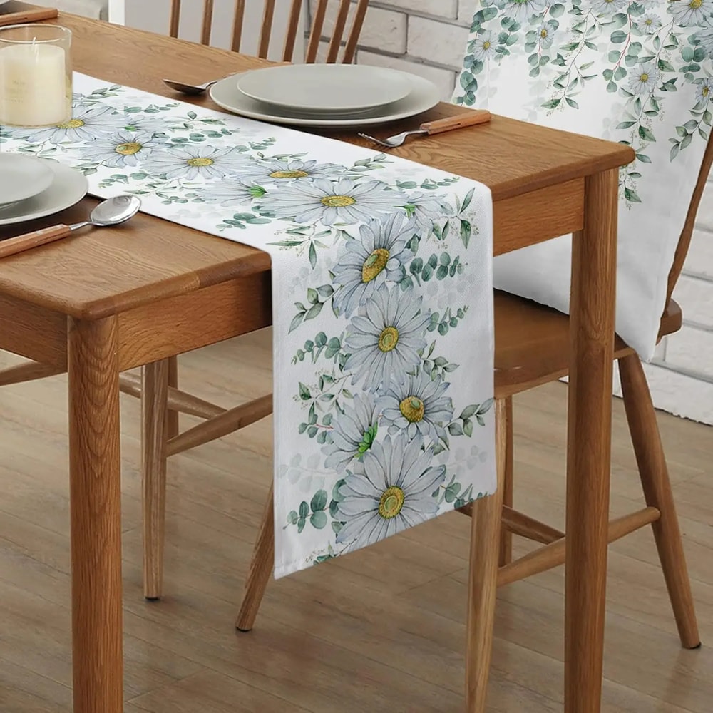 Eucalyptus Table Runner With Daisy Floral Farmhouse Linen Look 2