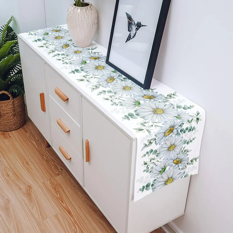 Eucalyptus Table Runner With Daisy Floral Farmhouse Linen Look 4