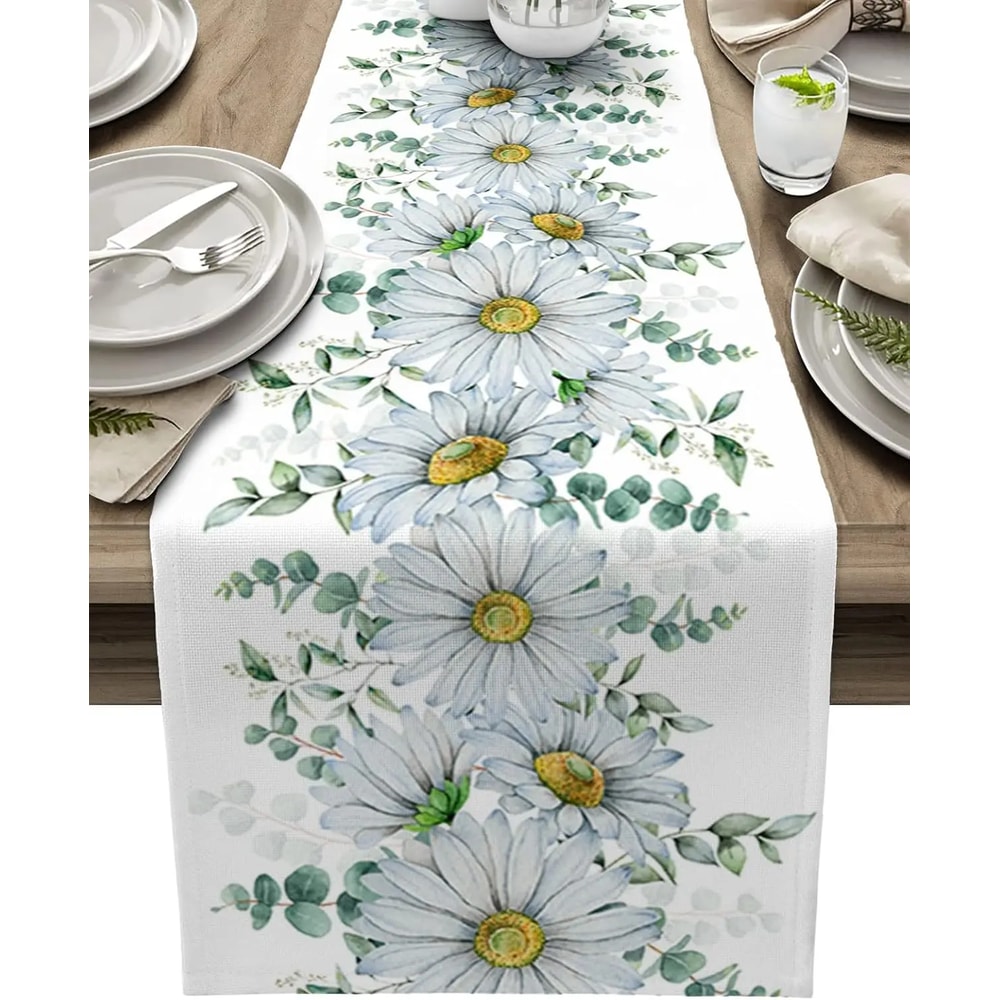 Eucalyptus Table Runner With Daisy Floral Farmhouse Linen Look 5