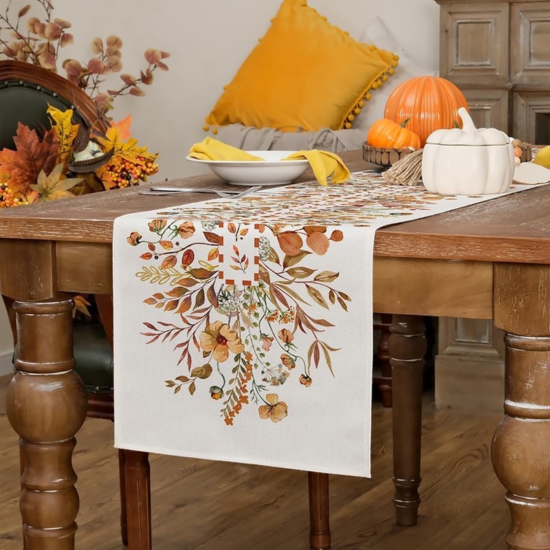Autumn Wildflower Linen Thanksgiving Table Runner for Fall Dining Decor