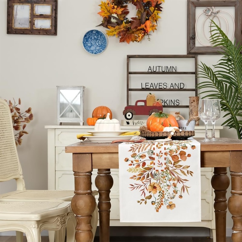 Autumn Wildflower Linen Thanksgiving Table Runner for Fall Dining Decor