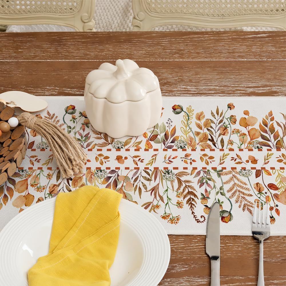 Autumn Wildflower Linen Thanksgiving Table Runner for Fall Dining Decor