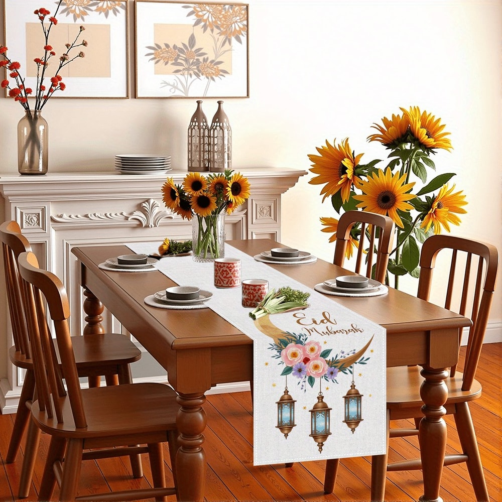 Elegant Ramadan Table Runner With Moon Lantern Floral Design For Eid Mubarak Decorations 2