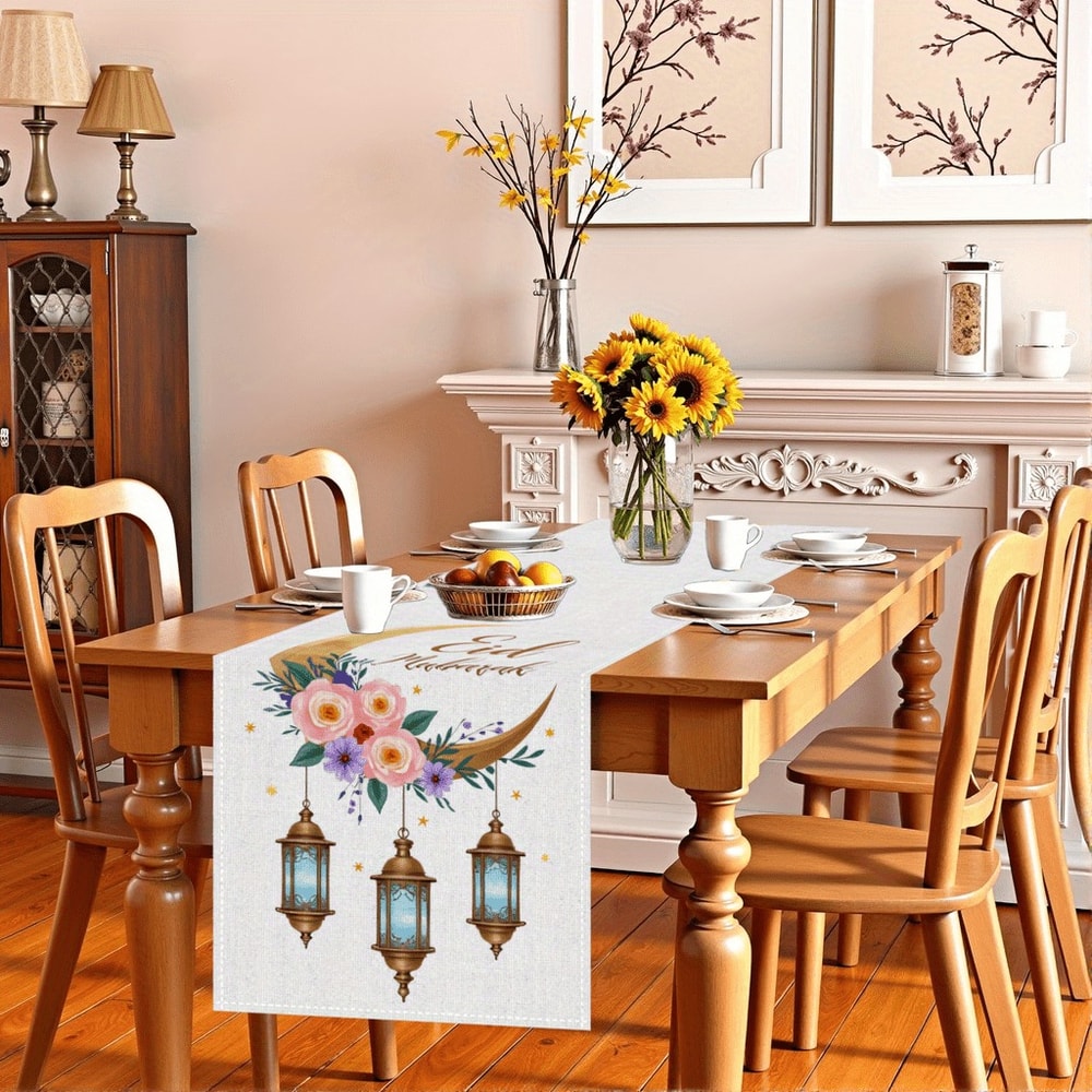 Elegant Ramadan Table Runner With Moon Lantern Floral Design For Eid Mubarak Decorations 3