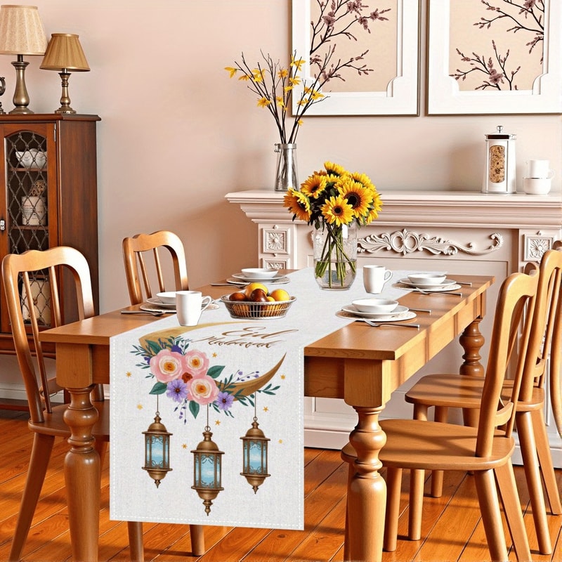 Elegant Ramadan Table Runner With Moon Lantern Floral Design For Eid Mubarak Decorations 3