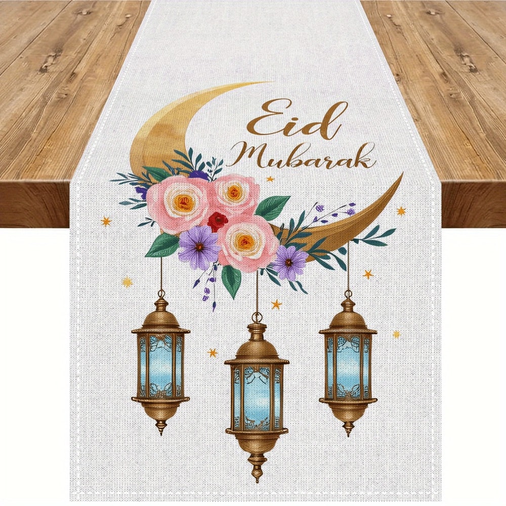 Elegant Ramadan Table Runner With Moon Lantern Floral Design For Eid Mubarak Decorations 5
