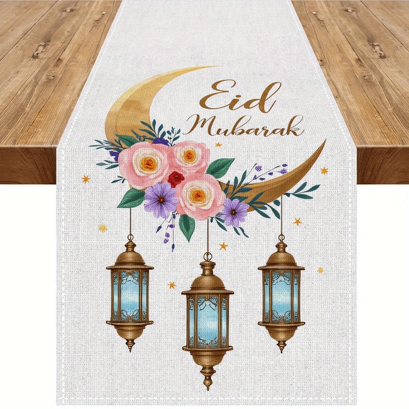 Elegant Ramadan Table Runner With Moon Lantern Floral Design For Eid Mubarak Decorations 5