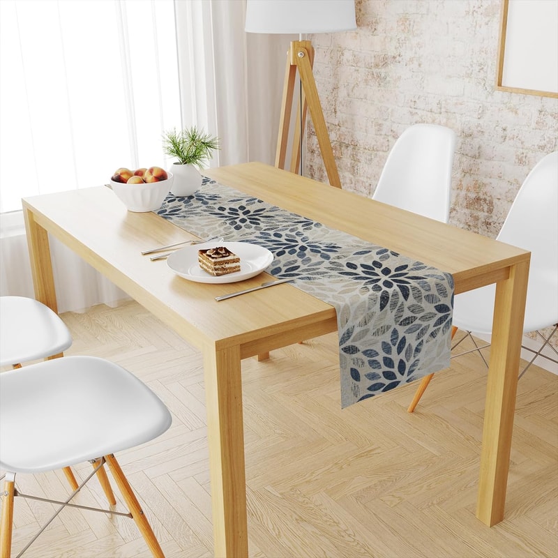 Navy Blue Dahlia Floral Linen Table Runner For Farmhouse Dining And Wedding Decor 1