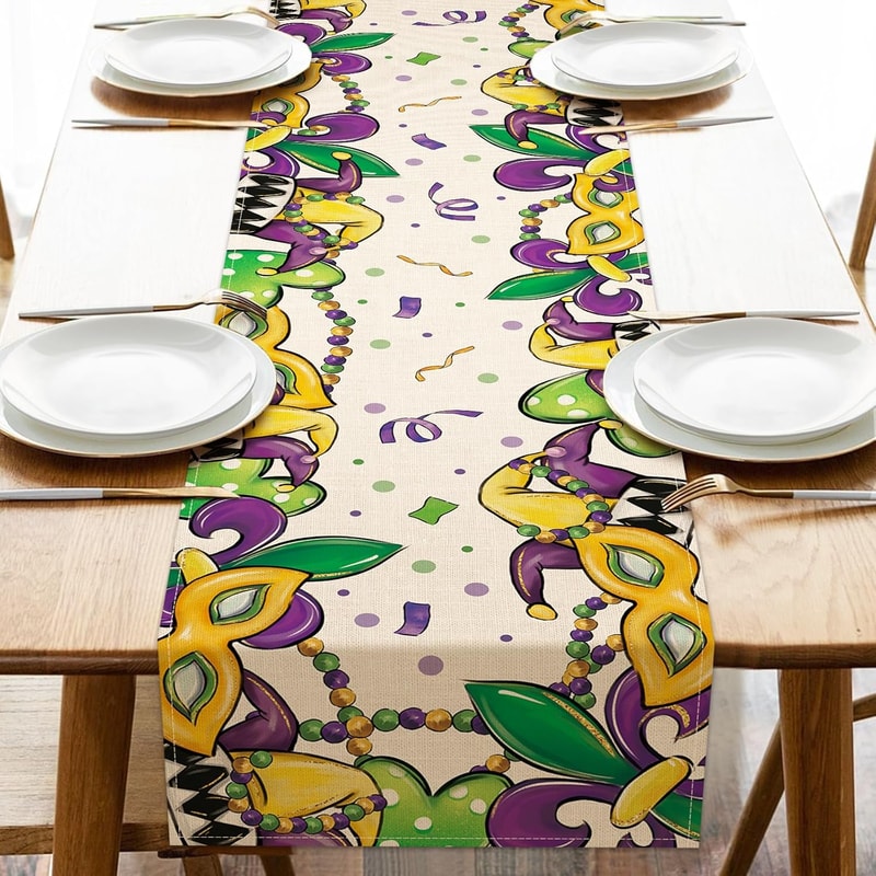 Mardi Gras Mask Beads Table Runner For New Orleans Carnival Decor 0