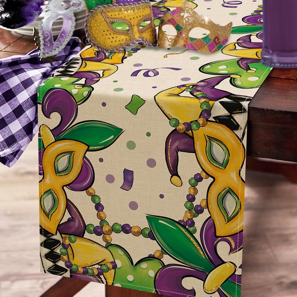 Mardi Gras Mask Beads Table Runner For New Orleans Carnival Decor 1