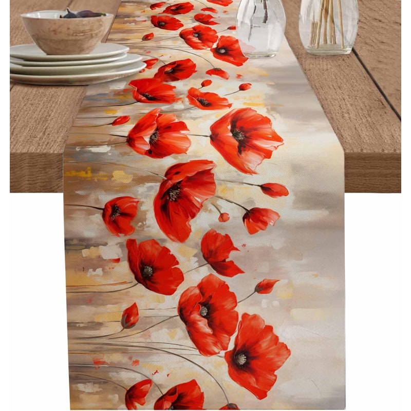 Red Poppy Linen Table Runner for Farmhouse Floral Table Decor
