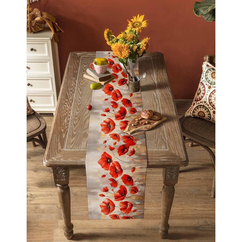 Red Poppy Linen Table Runner for Farmhouse Floral Table Decor