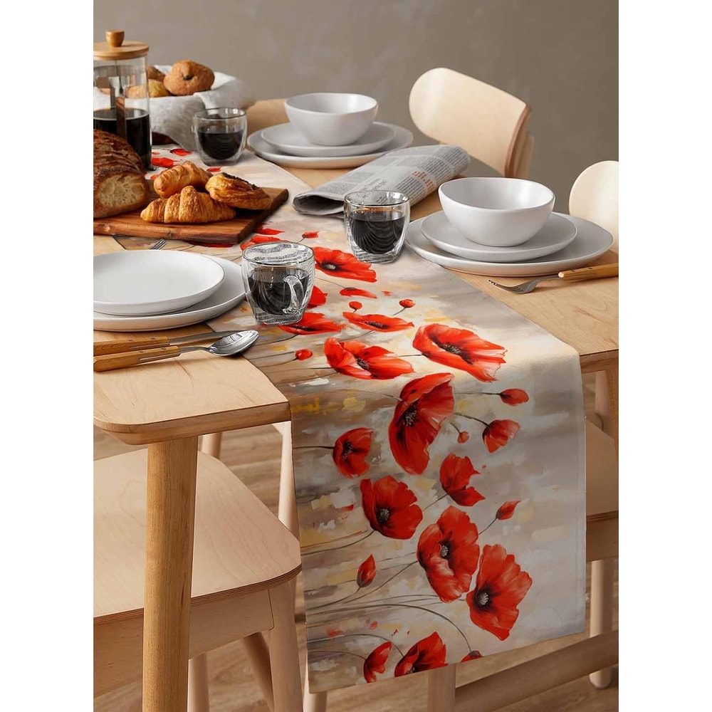 Red Poppy Linen Table Runner for Farmhouse Floral Table Decor