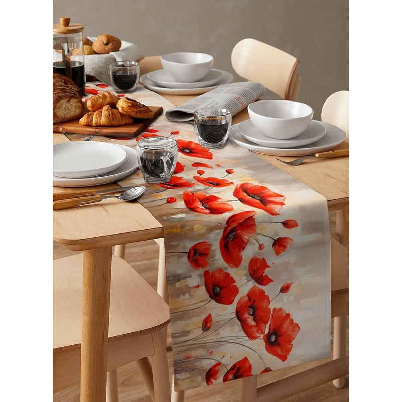 Red Poppy Linen Table Runner for Farmhouse Floral Table Decor