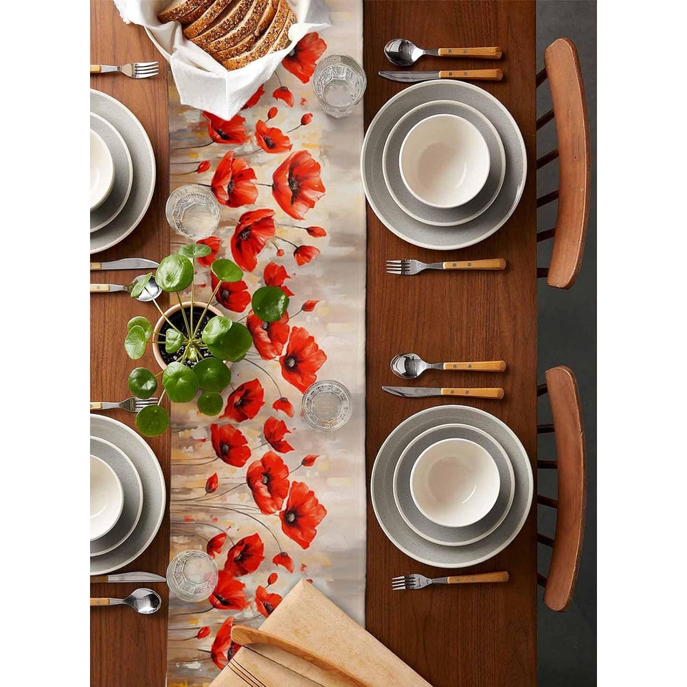 Red Poppy Linen Table Runner for Farmhouse Floral Table Decor