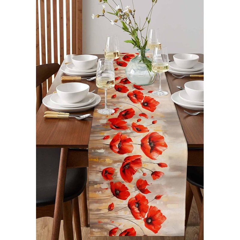 Red Poppy Linen Table Runner for Farmhouse Floral Table Decor