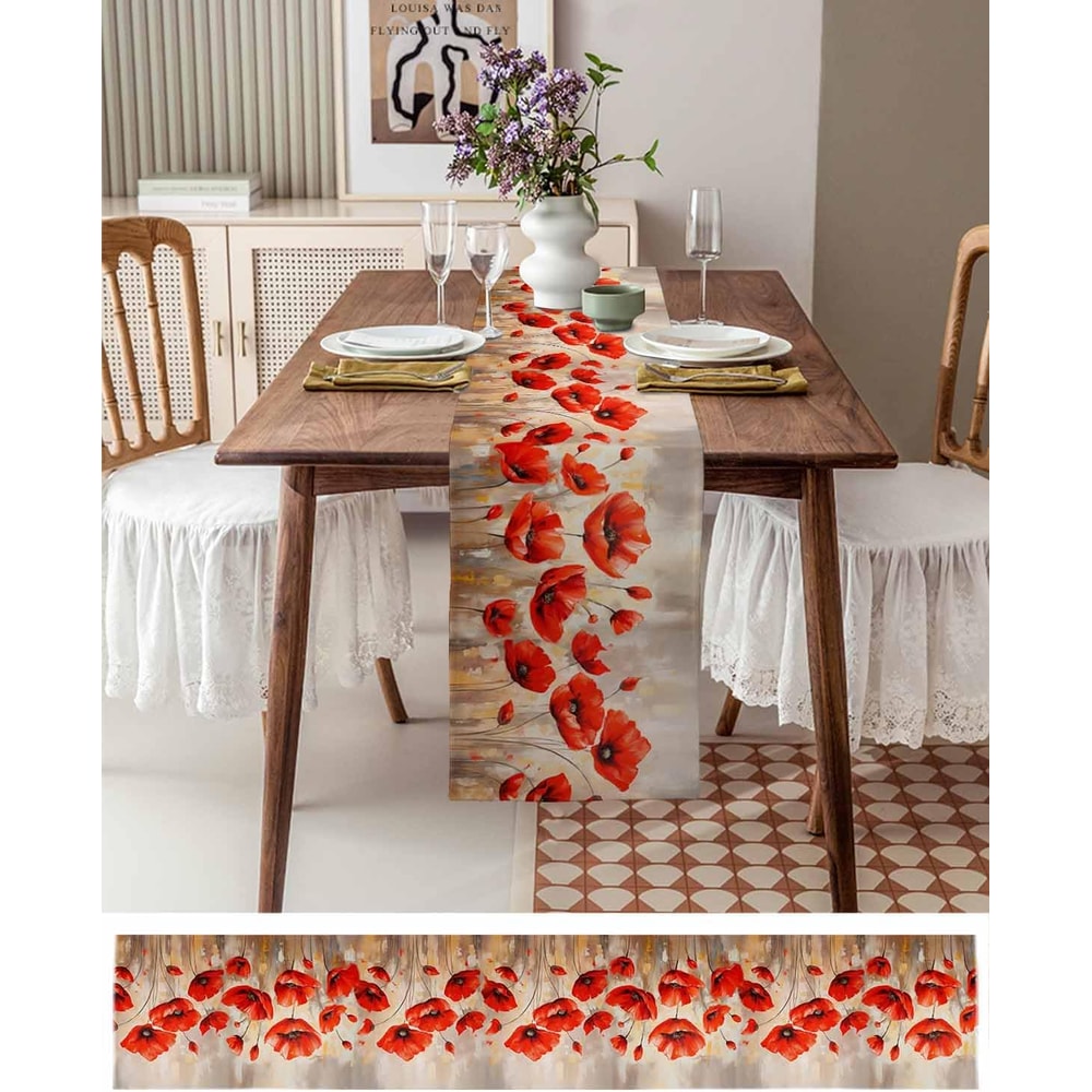 Red Poppy Linen Table Runner for Farmhouse Floral Table Decor