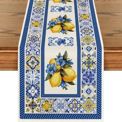 lemon blue porcelain linen table runner for summer dining decor