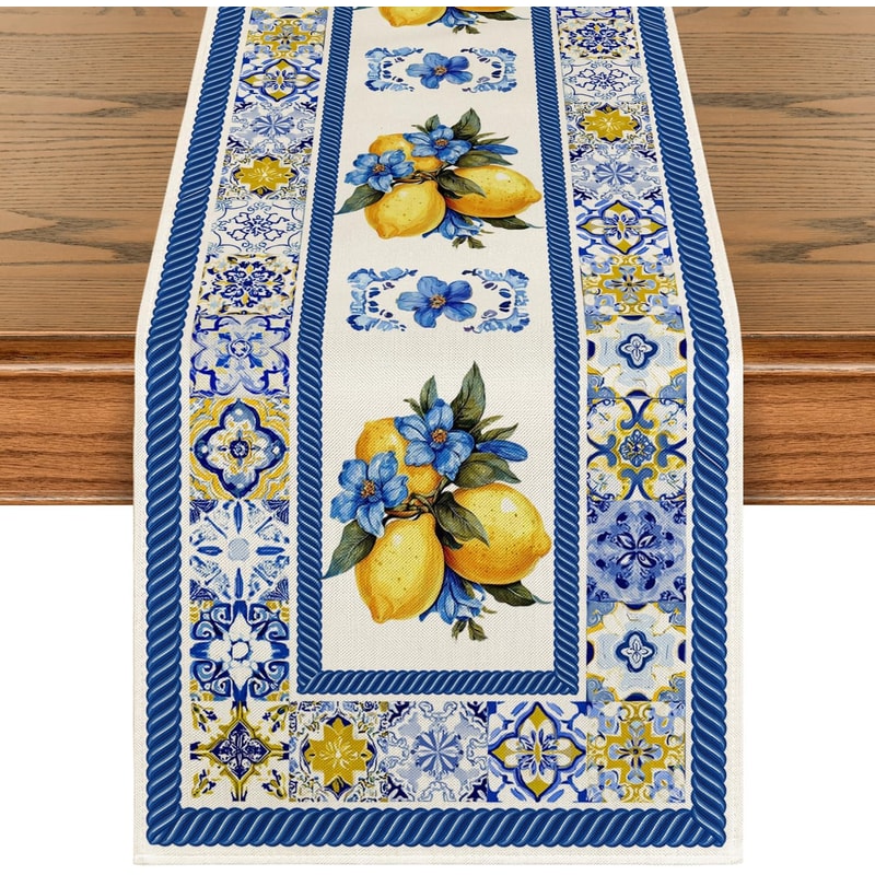 Lemon Blue Porcelain Linen Table Runner for Summer Dining Decor