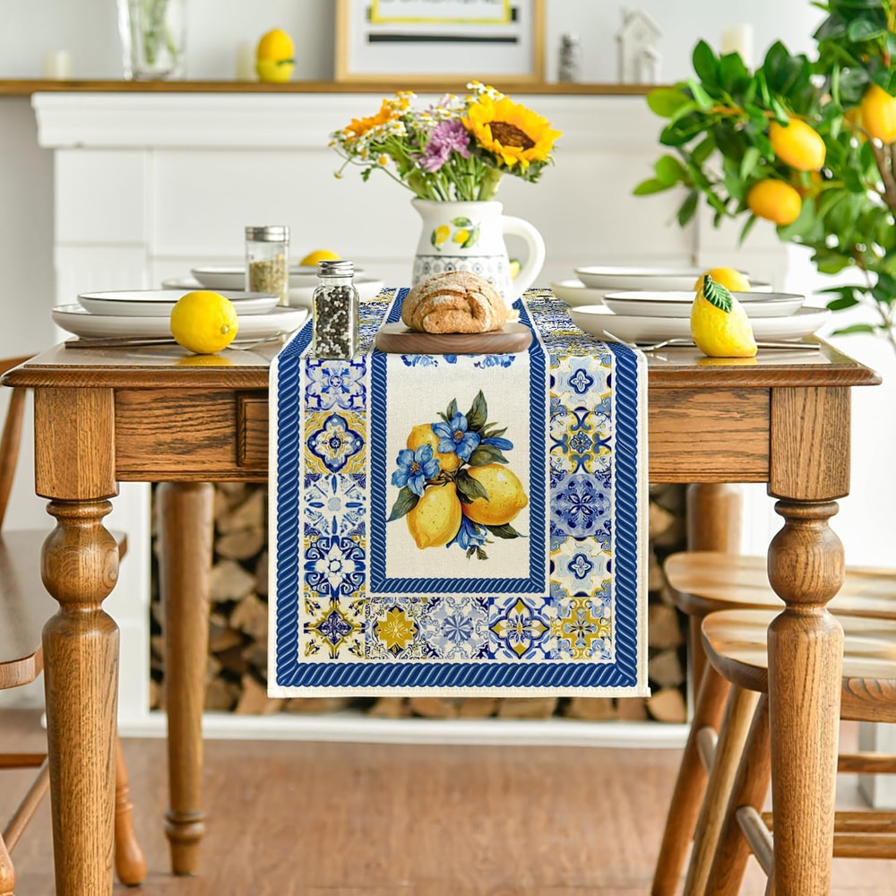 Lemon Blue Porcelain Linen Table Runner for Summer Dining Decor