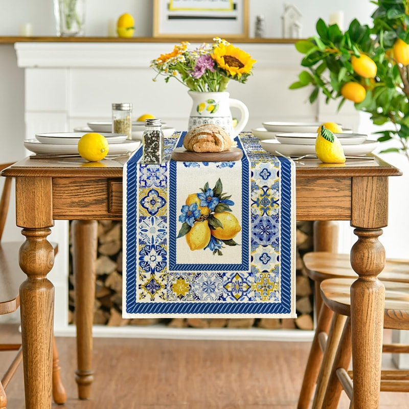 Lemon Blue Porcelain Linen Table Runner for Summer Dining Decor