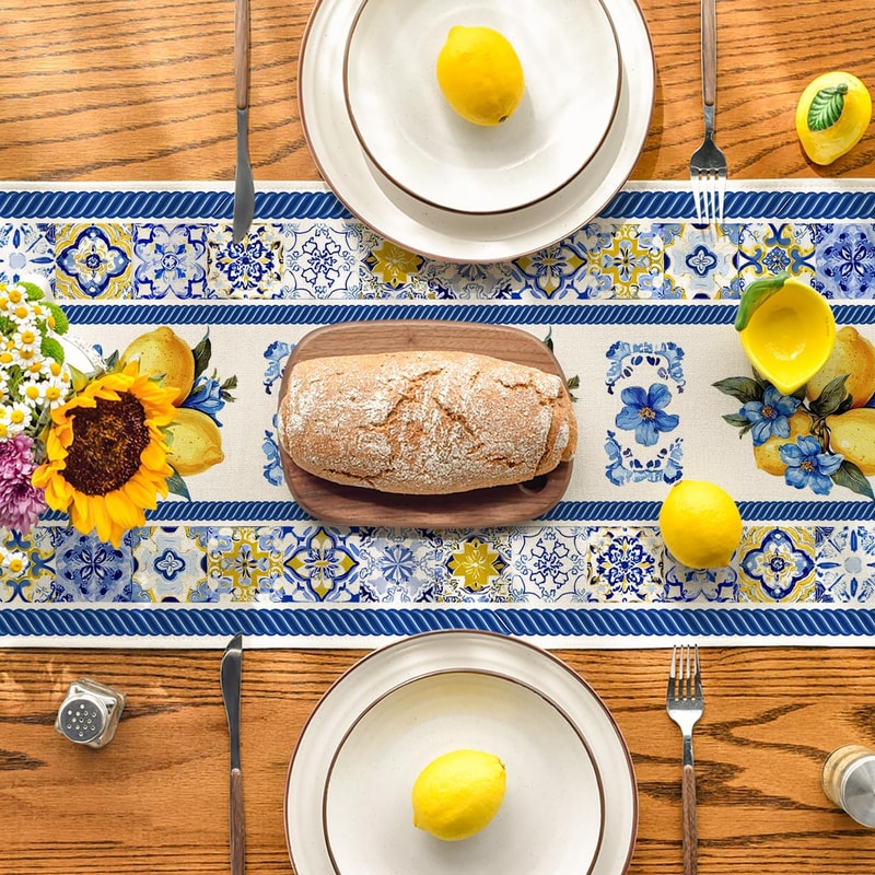Lemon Blue Porcelain Linen Table Runner for Summer Dining Decor