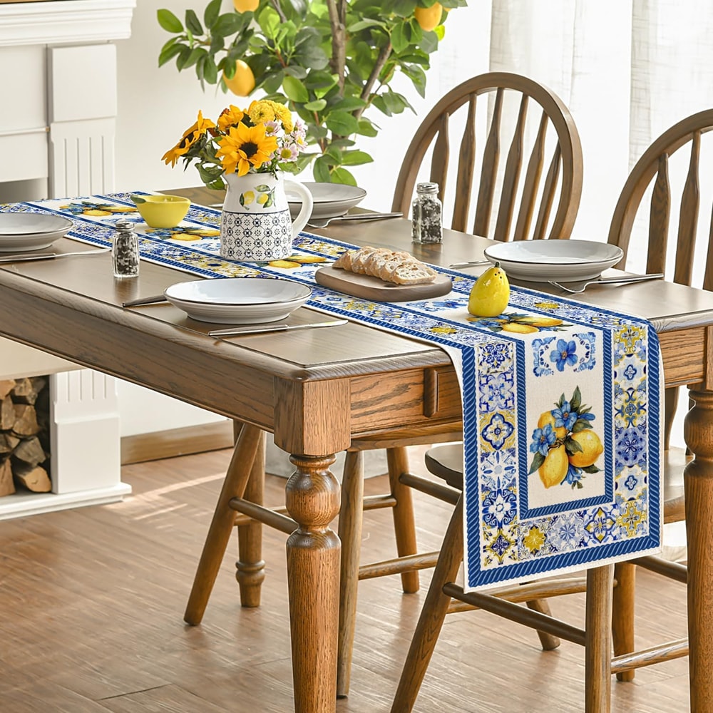 Lemon Blue Porcelain Linen Table Runner for Summer Dining Decor