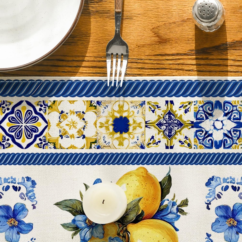 Lemon Blue Porcelain Linen Table Runner for Summer Dining Decor