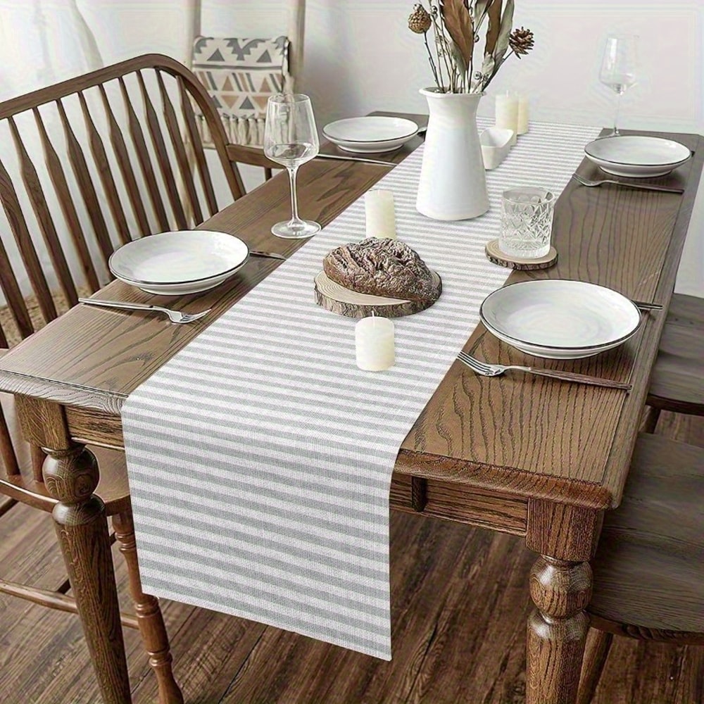 Light Gray White Striped Linen Table Runner For Modern Dining Decor 1