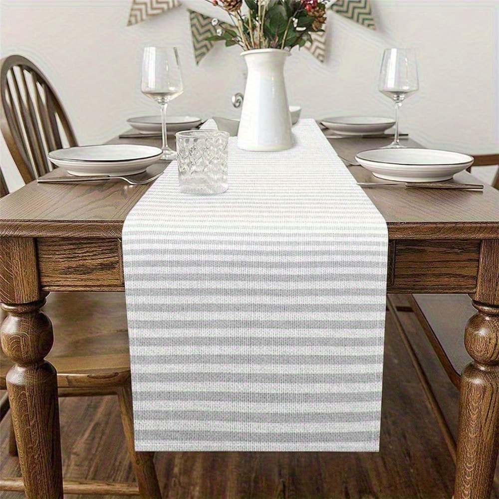Light Gray White Striped Linen Table Runner For Modern Dining Decor 2
