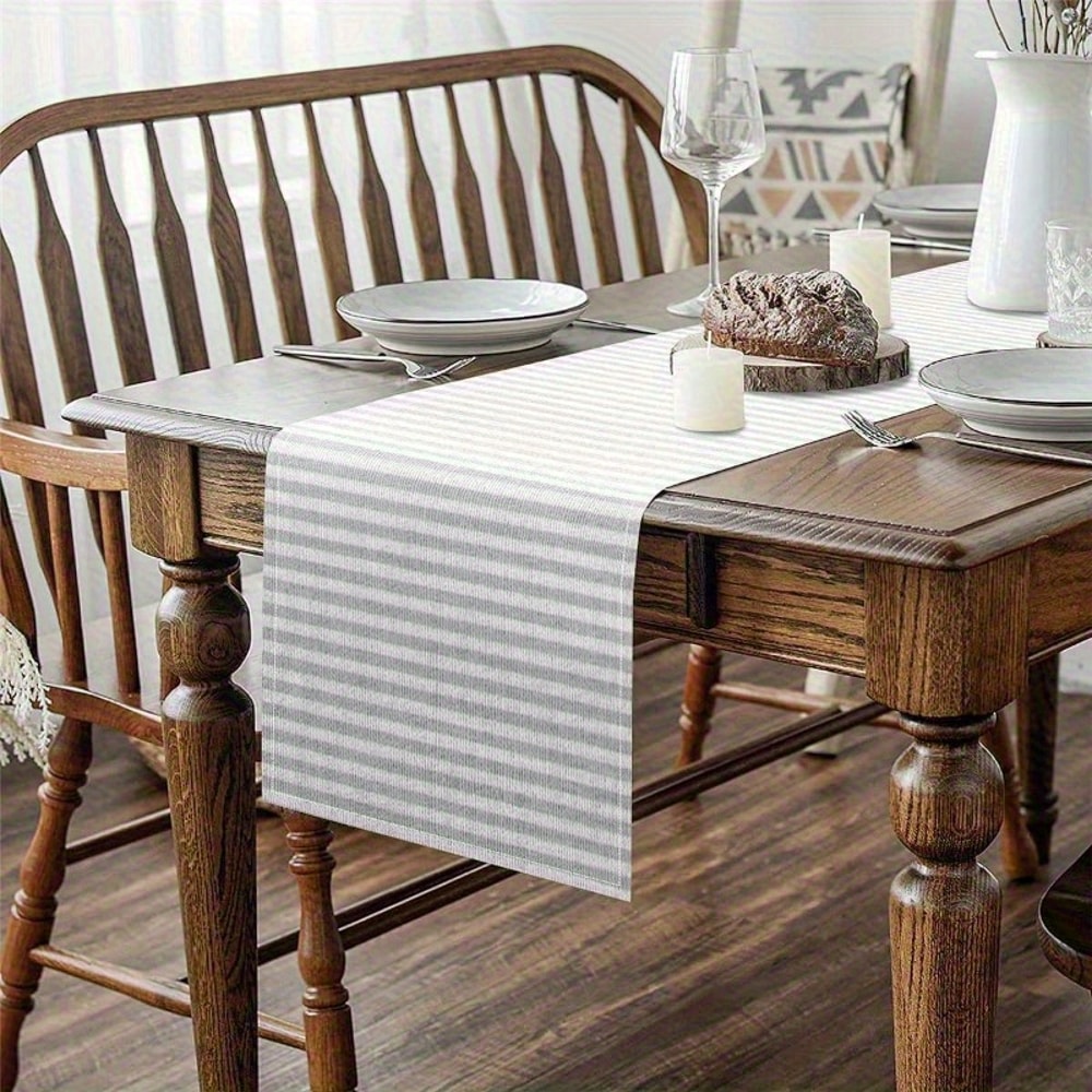 Light Gray White Striped Linen Table Runner For Modern Dining Decor 3