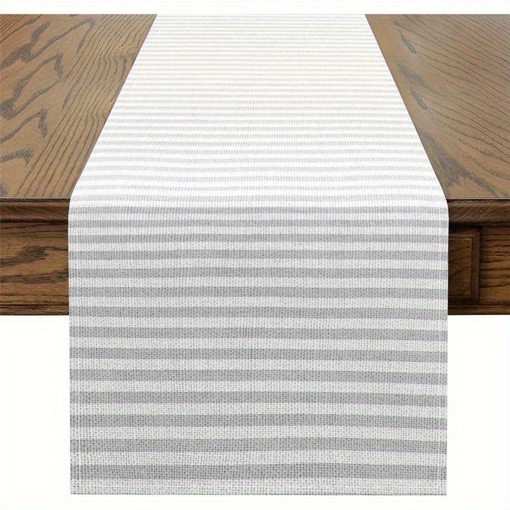 Light Gray White Striped Linen Table Runner For Modern Dining Decor 4