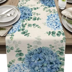 blue hydrangea eucalyptus linen table runner for farmhouse dining and wedding decor