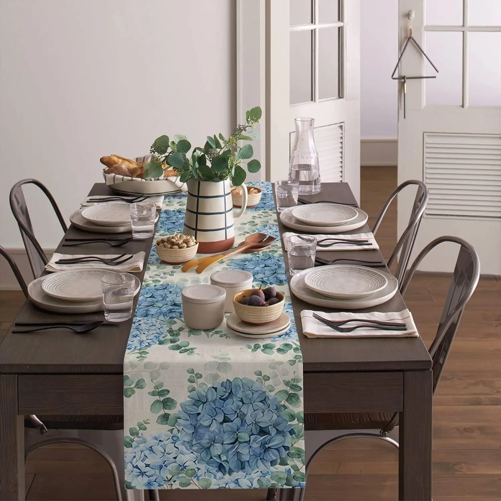 Blue Hydrangea Eucalyptus Linen Table Runner For Farmhouse Dining And Wedding Decor 3