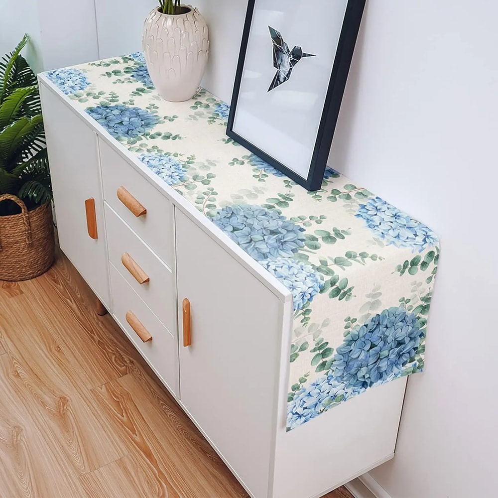 Blue Hydrangea Eucalyptus Linen Table Runner For Farmhouse Dining And Wedding Decor 4