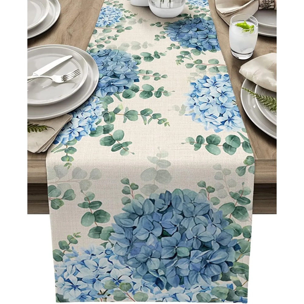 Blue Hydrangea Eucalyptus Linen Table Runner For Farmhouse Dining And Wedding Decor 5