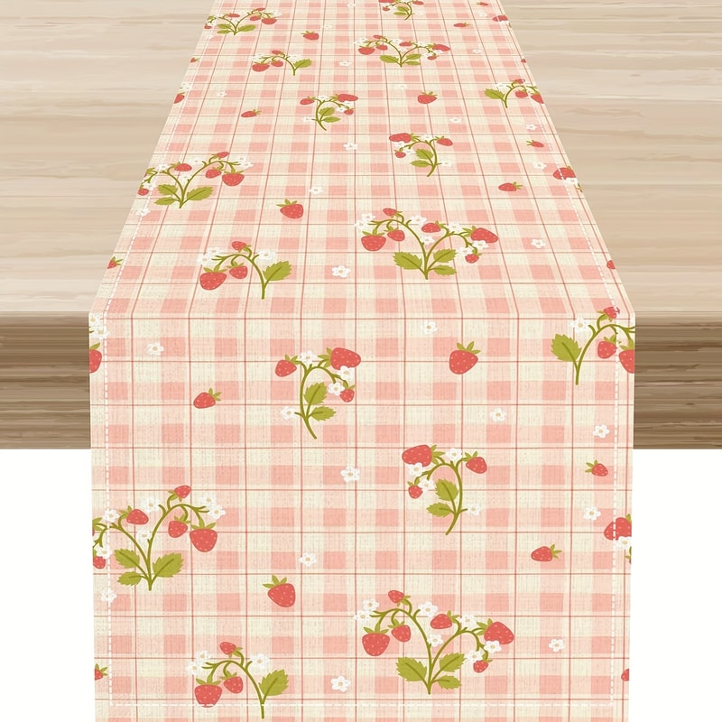 Pink Plaid Strawberry Linen Table Runner For Sweet Kitchen And Dining Decor 0
