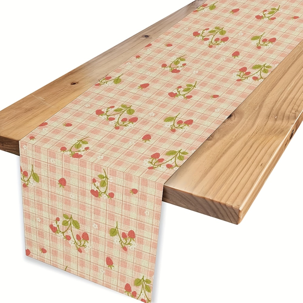 Pink Plaid Strawberry Linen Table Runner For Sweet Kitchen And Dining Decor 1