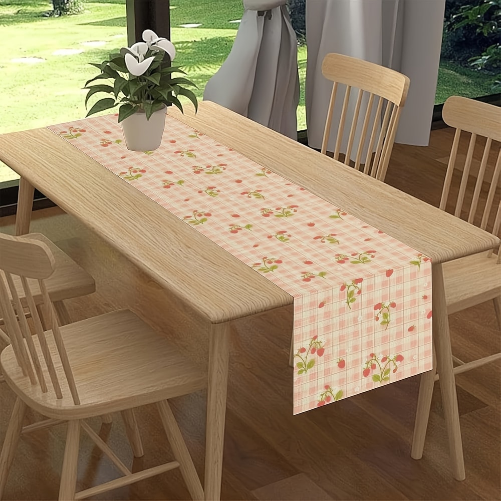 Pink Plaid Strawberry Linen Table Runner For Sweet Kitchen And Dining Decor 2
