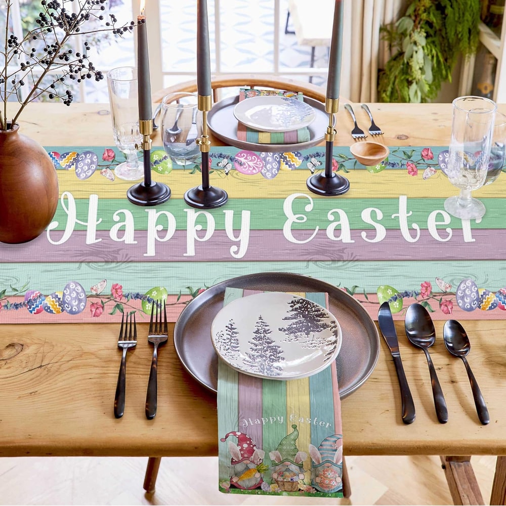 Farmhouse Easter Linen Table Runner With Gnomes Eggs Rabbit Ears Spring Holiday Decor 3