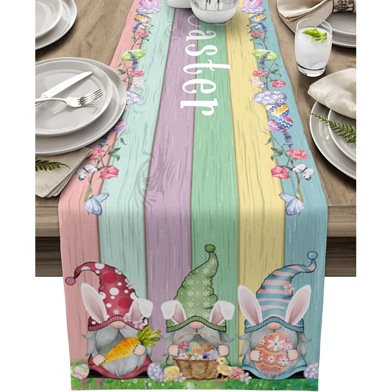 Farmhouse Easter Linen Table Runner With Gnomes Eggs Rabbit Ears Spring Holiday Decor 5