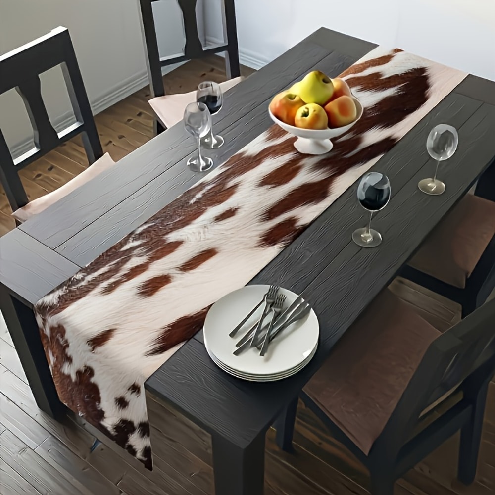 Rustic Farmhouse Linen Farmhouse Table Runner With Cowhide Print Table Runner Design 1