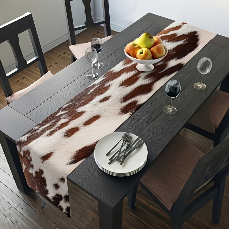 Rustic Farmhouse Linen Farmhouse Table Runner With Cowhide Print Table Runner Design 1