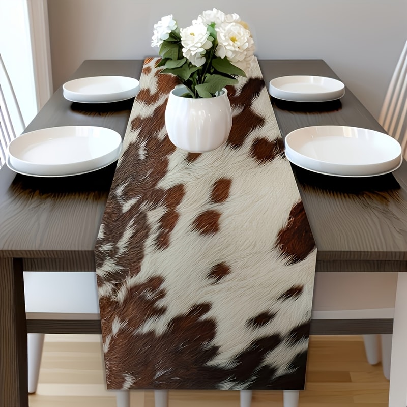 Rustic Farmhouse Linen Farmhouse Table Runner With Cowhide Print Table Runner Design 4